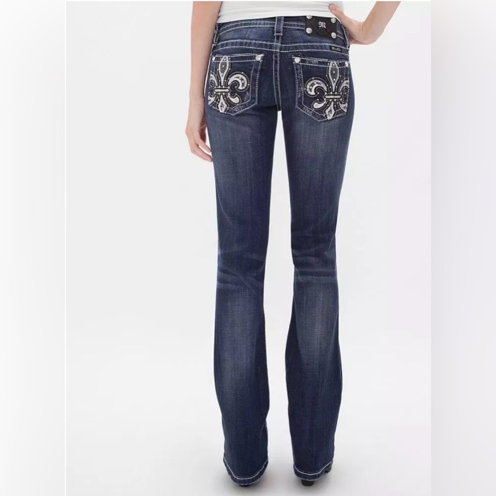 Miss Me Fleur De Lis Bootcut Jeans with Rhinestone and Sequin Accents - Size 30